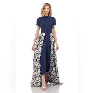 Kay Unger Navy Blue Jumpsuit with Floral  Jacquard Overlay Skirt Size 2 (NWOT)